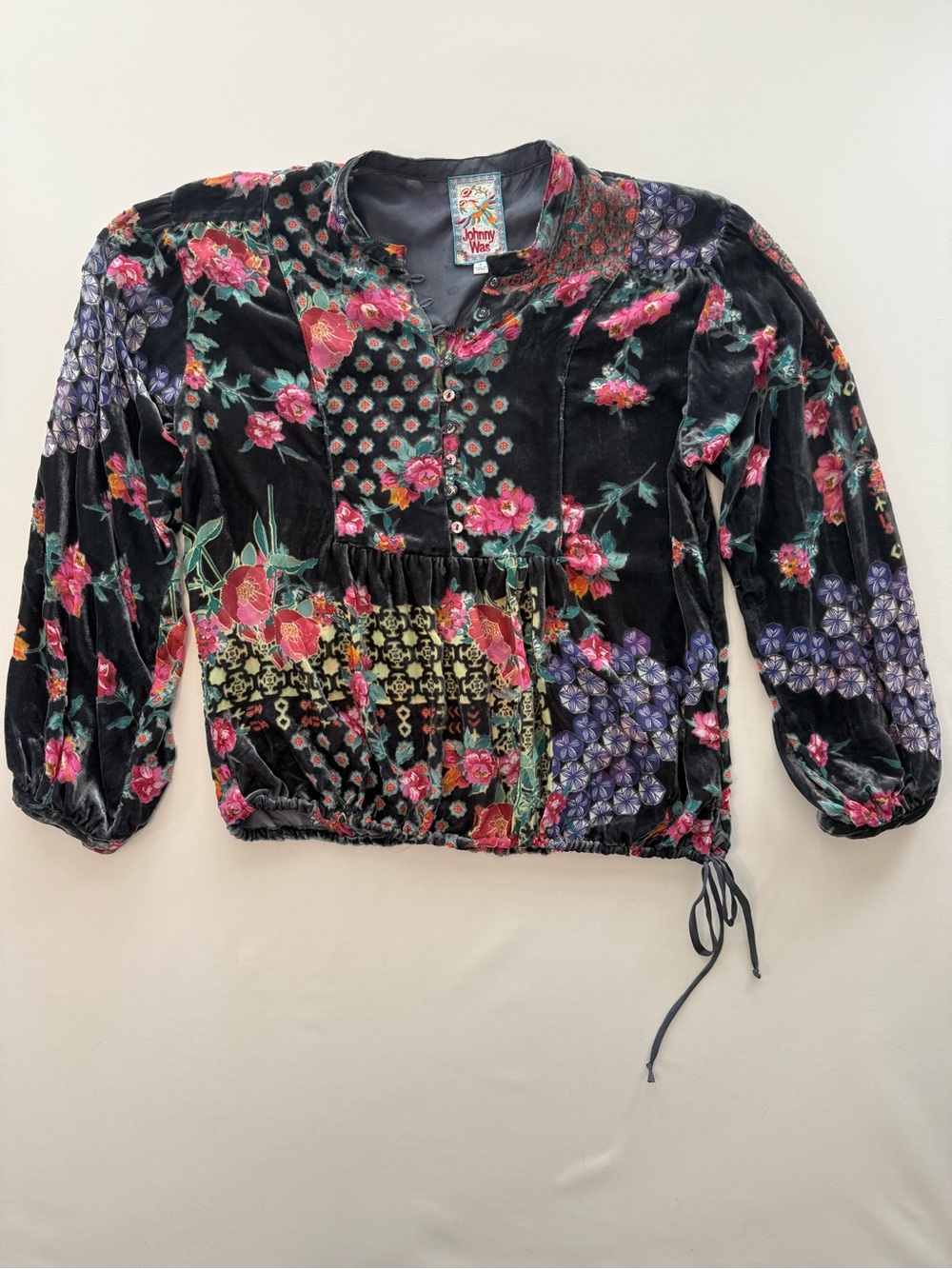 Johnny Was velvet patchwork blouse in a women’s size Small